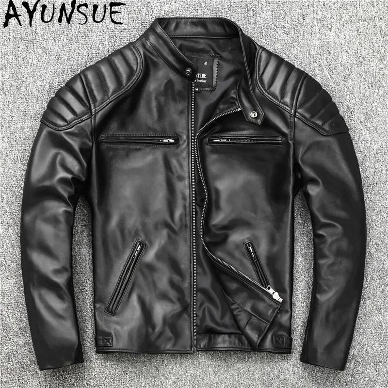 AYUNSUE Sheepskin Leather Jacket Autumn Men Clothing Handsome Motorcycle Jackets Fashion Standing Short Style Veste Cuire Homme