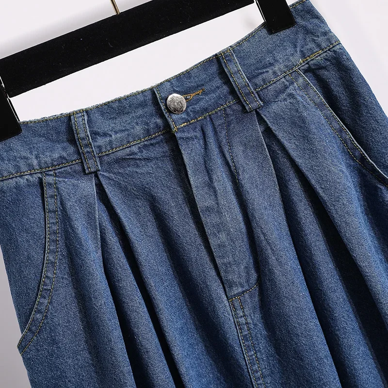 Fashion High Waist Big Size Long Skirt Female Vintage Korean Denim Skirts Womens Elegant A-line Umbrella Jeans Skirt Chic P308