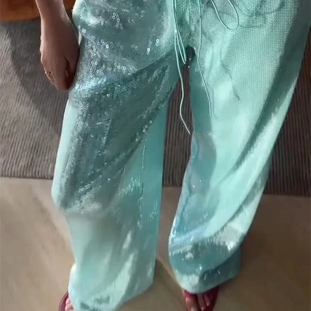 

Chic Sequined Long Pants For Women High Waist Drawstring Ankle-length Loose Trousers 2025 Spring SummerFemale y2k Coquette Pants