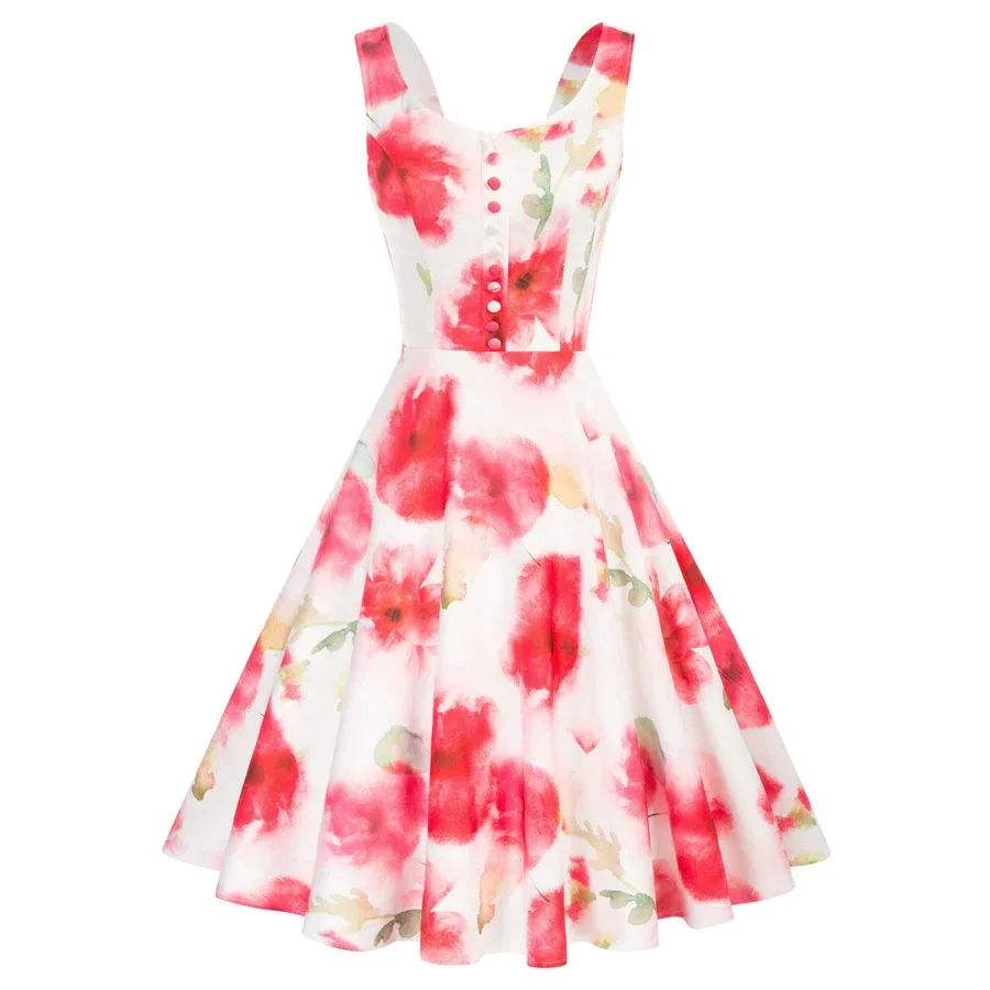 

Vintage Gown Summer Printed Button A- Line Dress Sleeveless Return To School Prom Dresses Natural Regular Women Clothing