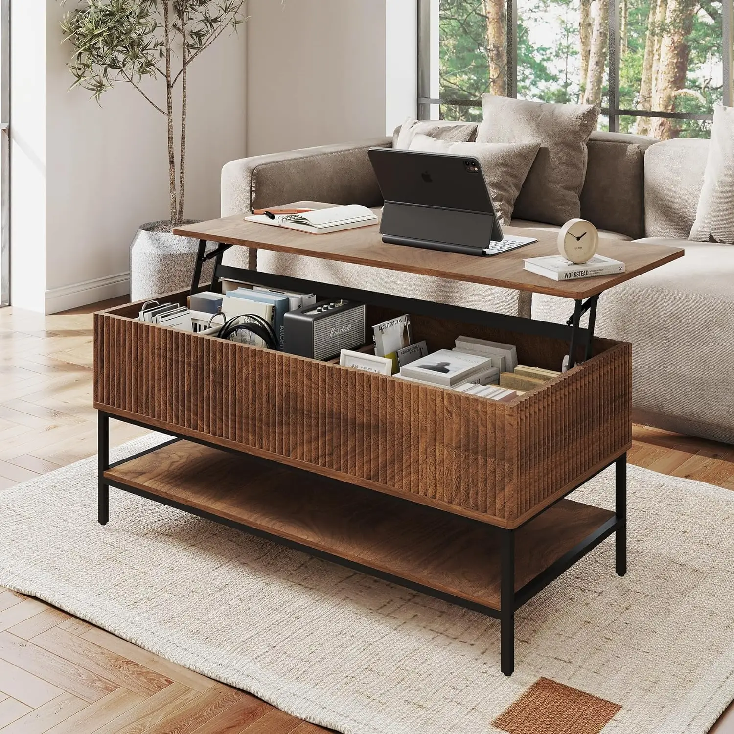 

Walnut Coffee Table with Storage, Rectangle Lift Top Coffee Table, Modern Wood Coffee Tables, Center Table for, Customized