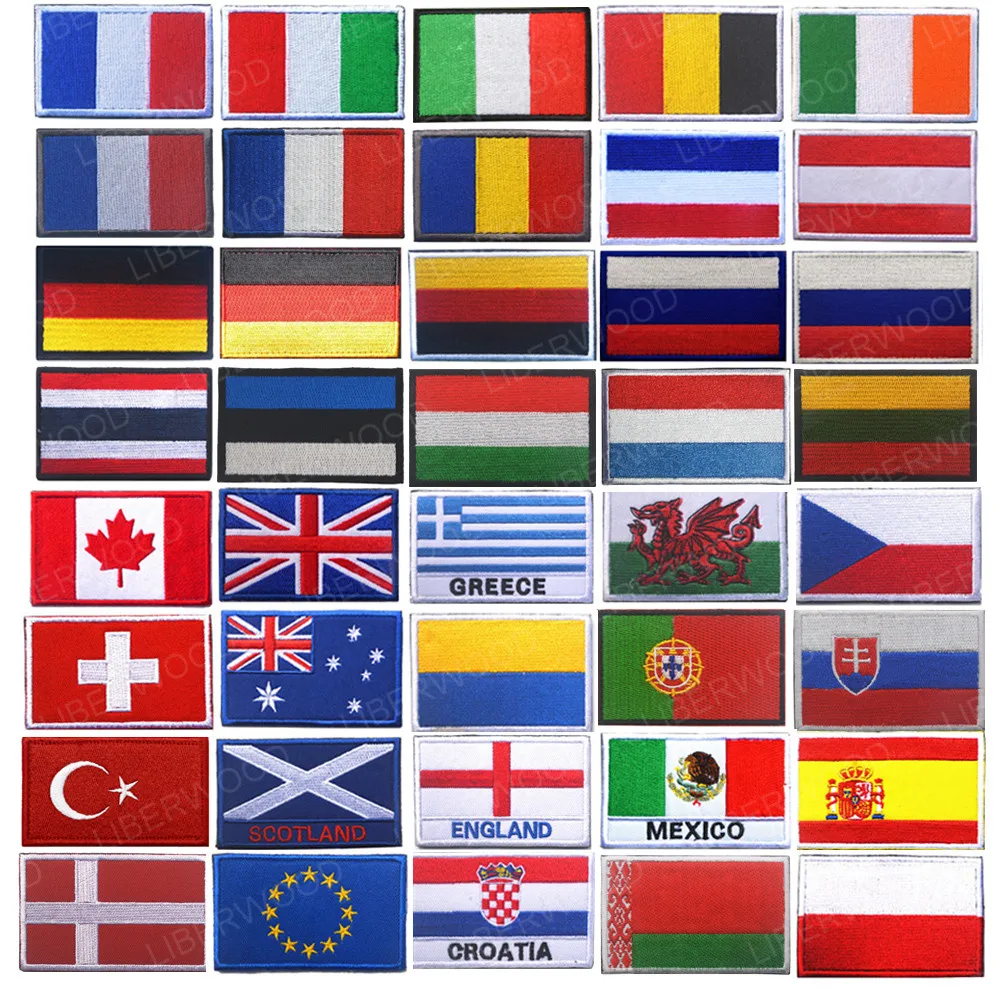 Parches bordados LIBERWOOD Rusia Bélgica Alemania Portugal Irlanda Eslovaquia Italia Gales Suiza España Francia insignia de la bandera