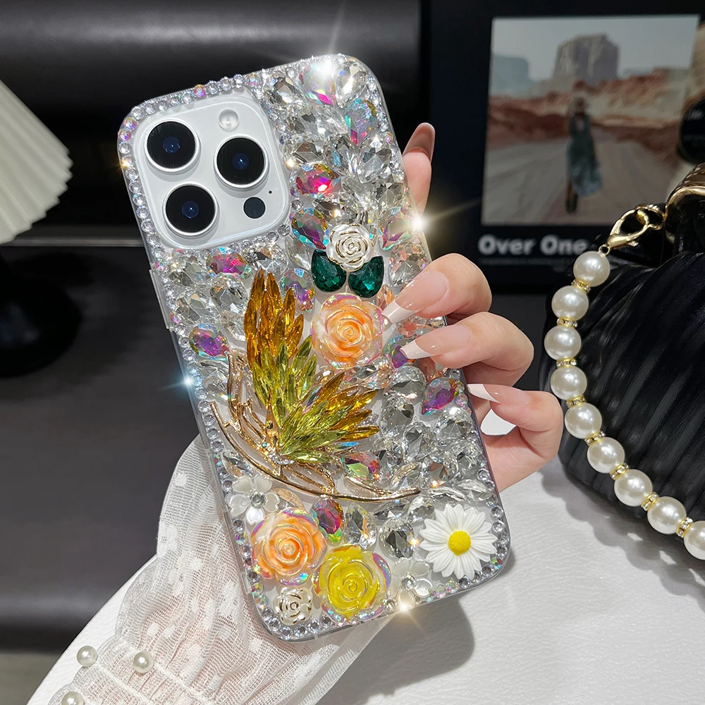 

10pcs Rhinestone Granules Glitter Drill Case for Samsung S25 Ultra S24 17 Plus Pro Golden Phoenix Bling Diamond Cover Wholesale