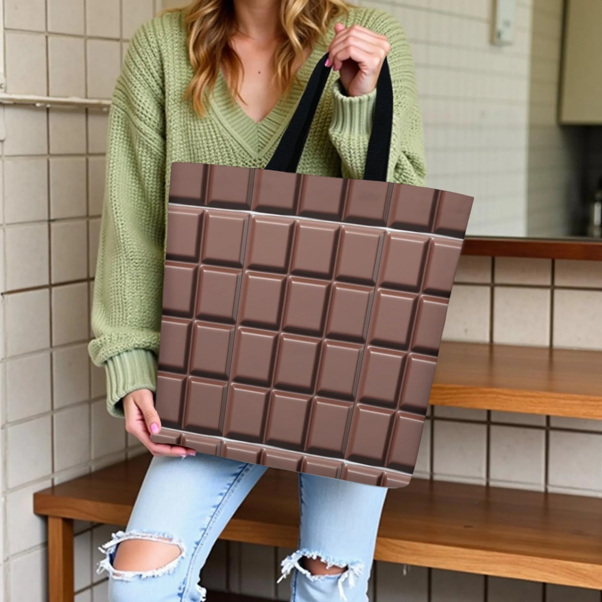 

1 Pc Spacious Women Canvas Tote Bag with Chocolate Sweet Dessert Print Reusable Grocery Bag for Travel & Everyday Use Durable