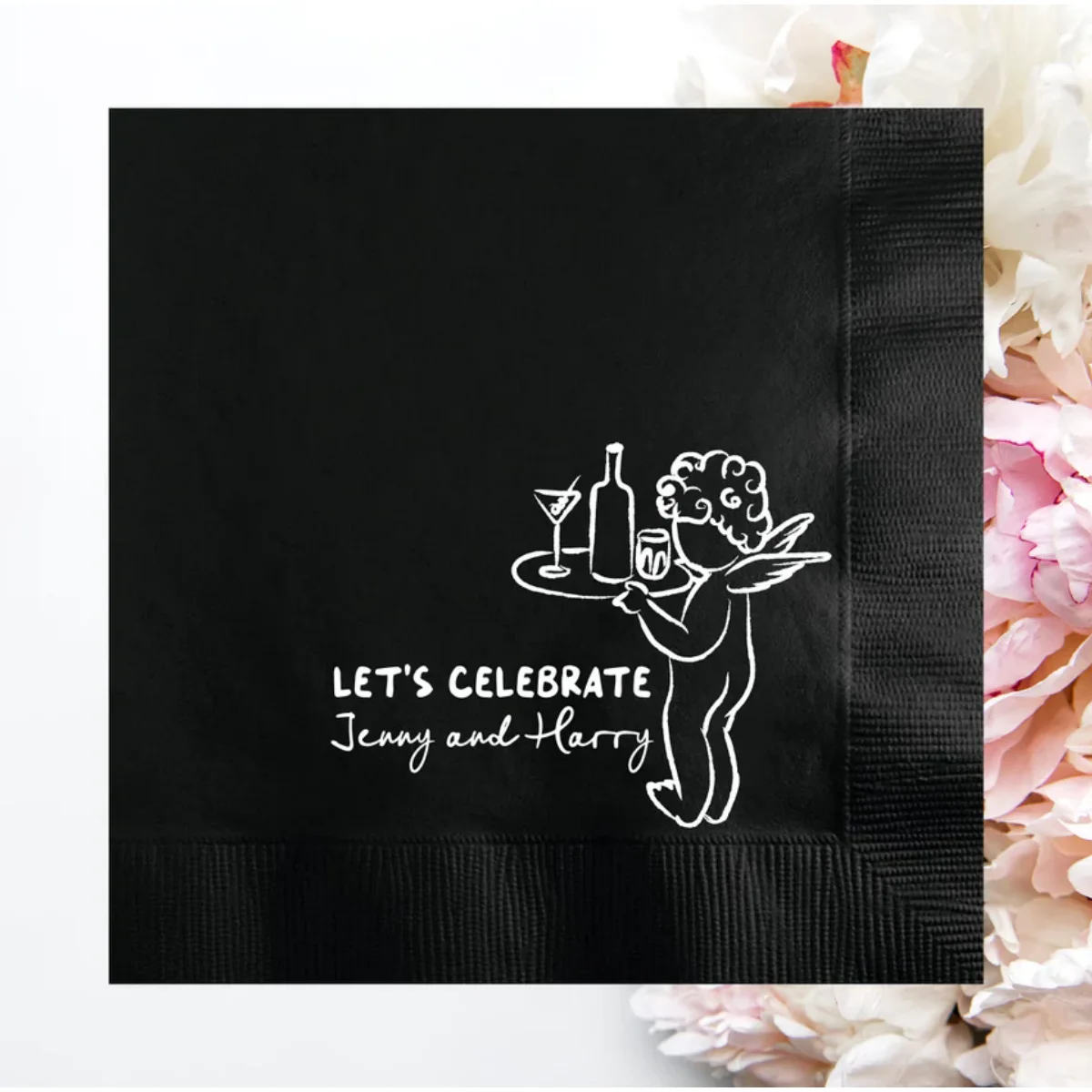 Let's Celebrate Cherub Hand Drawn Cupid Icon Personalized Wedding Napkins, Custom Vow Cocktail Napkins, Engagement Party, God of