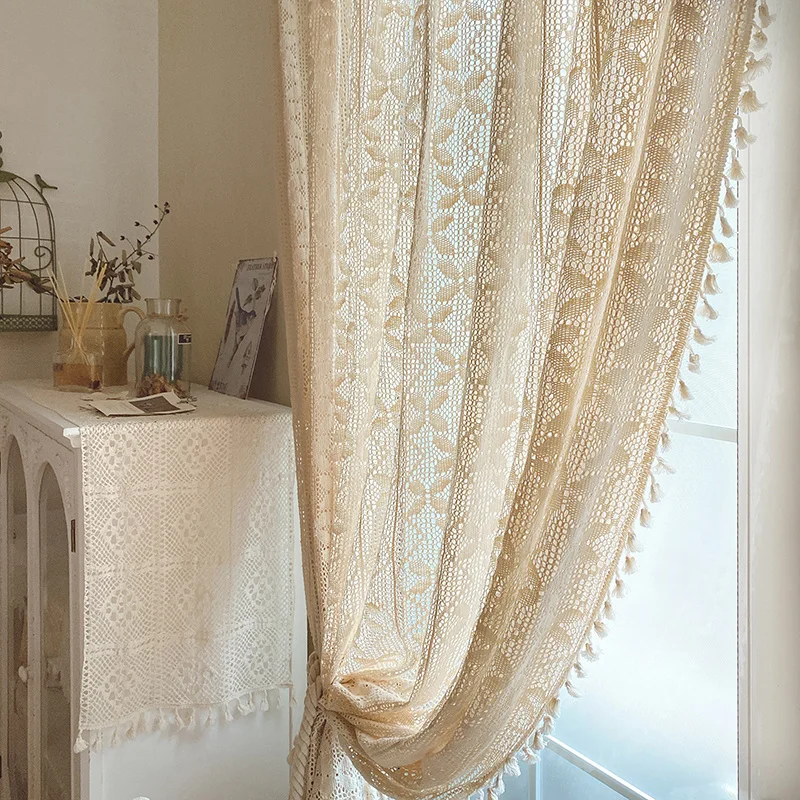 Boho Curtains For Living Room Vintage Handmade Crochet Hollow Out Knitting Lace Drapes Bedroom Home Decor