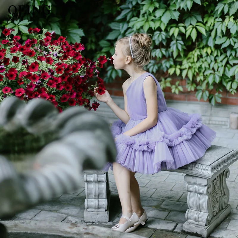 

BOEING Простые фиолетовые платья с цветочным узором для девочек Мини-трапеция на одно плечо с рюшами для свадебной вечеринки Платье принцессы на день рождения по индивидуальному заказу