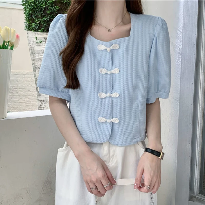 Crop Tops Shirts Women Vintage Chic Buttons Chinese Style Square Collar Summer Fashion Tender Girlish Streetwear Simple Students