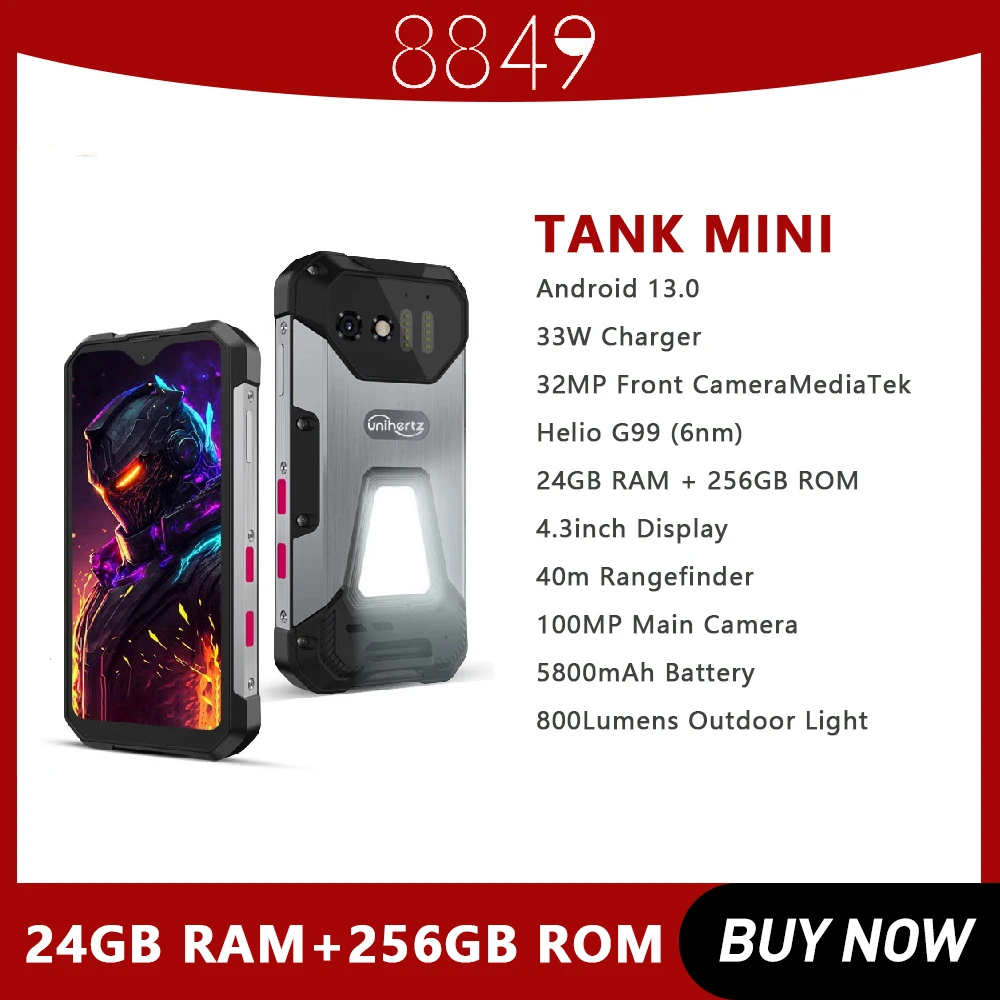 8849 Tank Mini Wytrzymały smartfon 4,3-calowy wyświetlacz 24 GB 256 GB Android 13 Helio G99 Octa Core 5800 mAh 100 MP Kamery IP68 z NFC