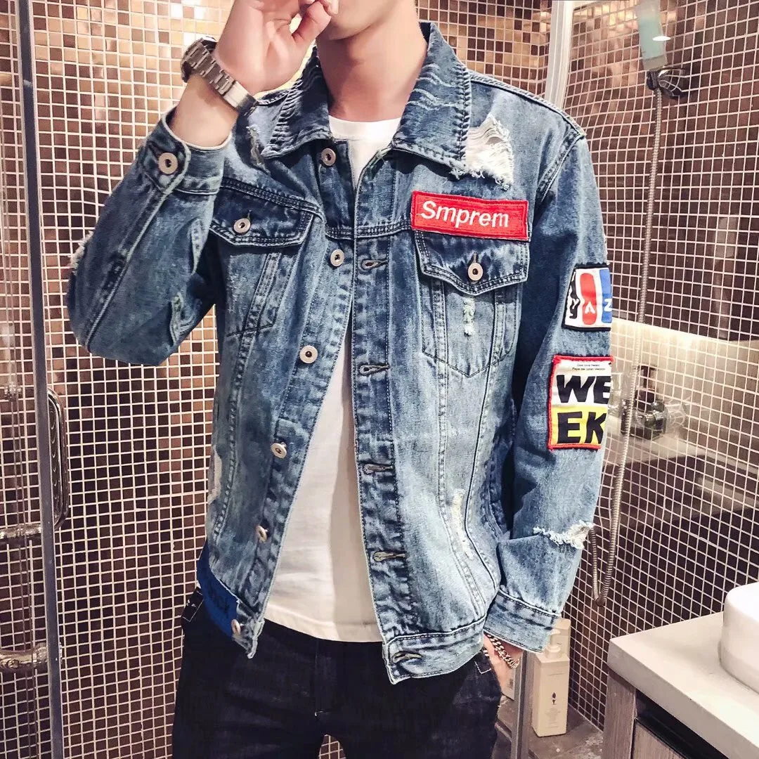 Broken Hole Denim Men's Trendy Brand, Spring Autumn Trend, Street Ruffian And Handsome Embroidered Work Jacket, Top