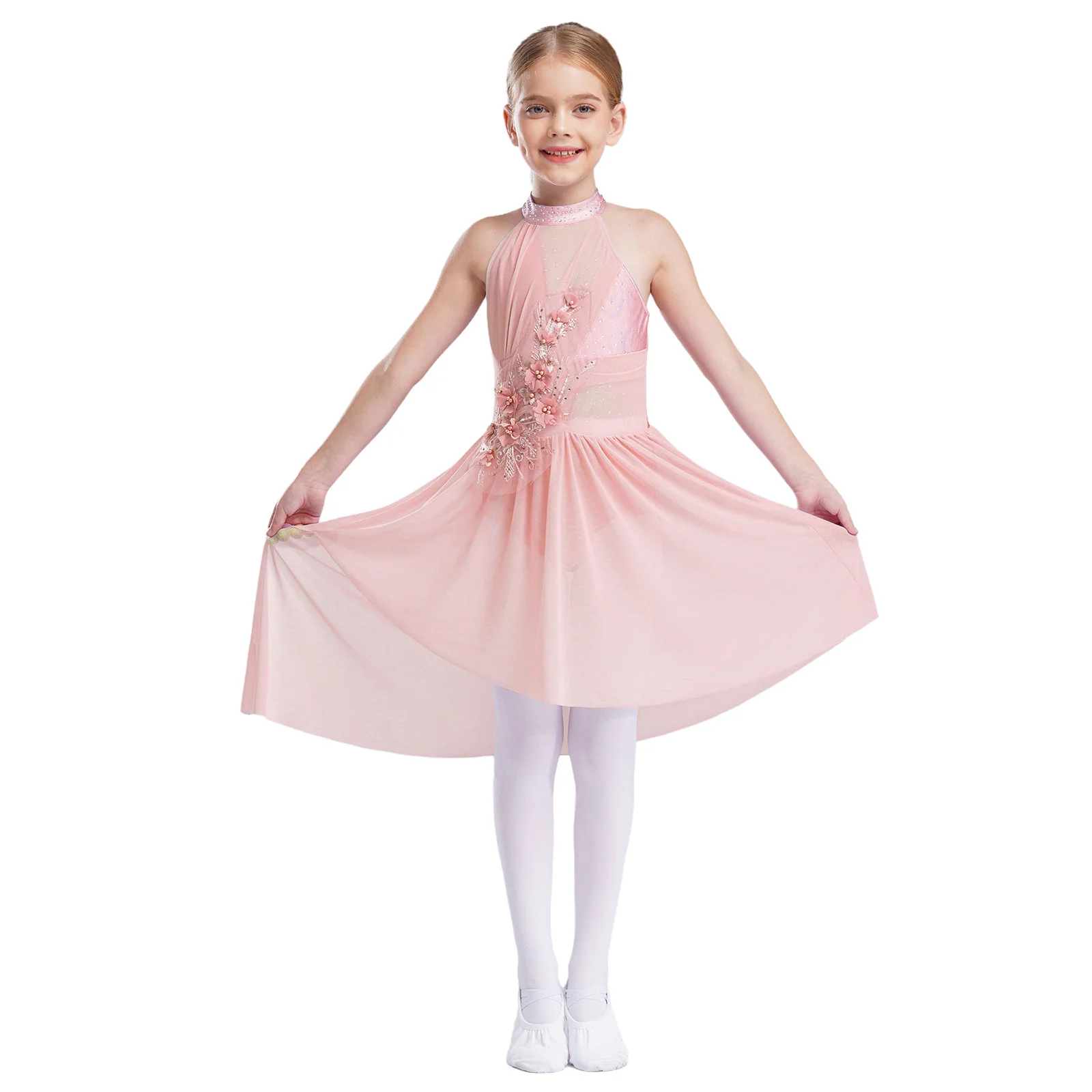 Kids Girls Ballet Lyrical Dance Dress Sleeveless Irregular Hem Sparkly Rhinestones Applique Gymnastics Leotard Dress Dancewear