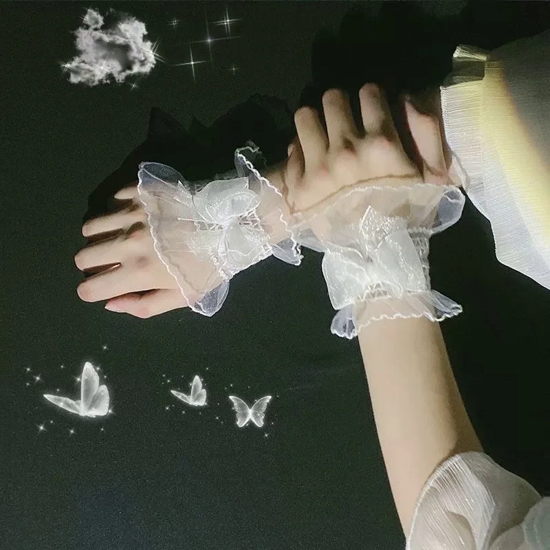 Lolita Loli Sweet False Sleeve Wrist Cuffs Fashion Bow Mesh Tulle Lace Gloves for Women Girls Wedding Party Bracelet Wristband