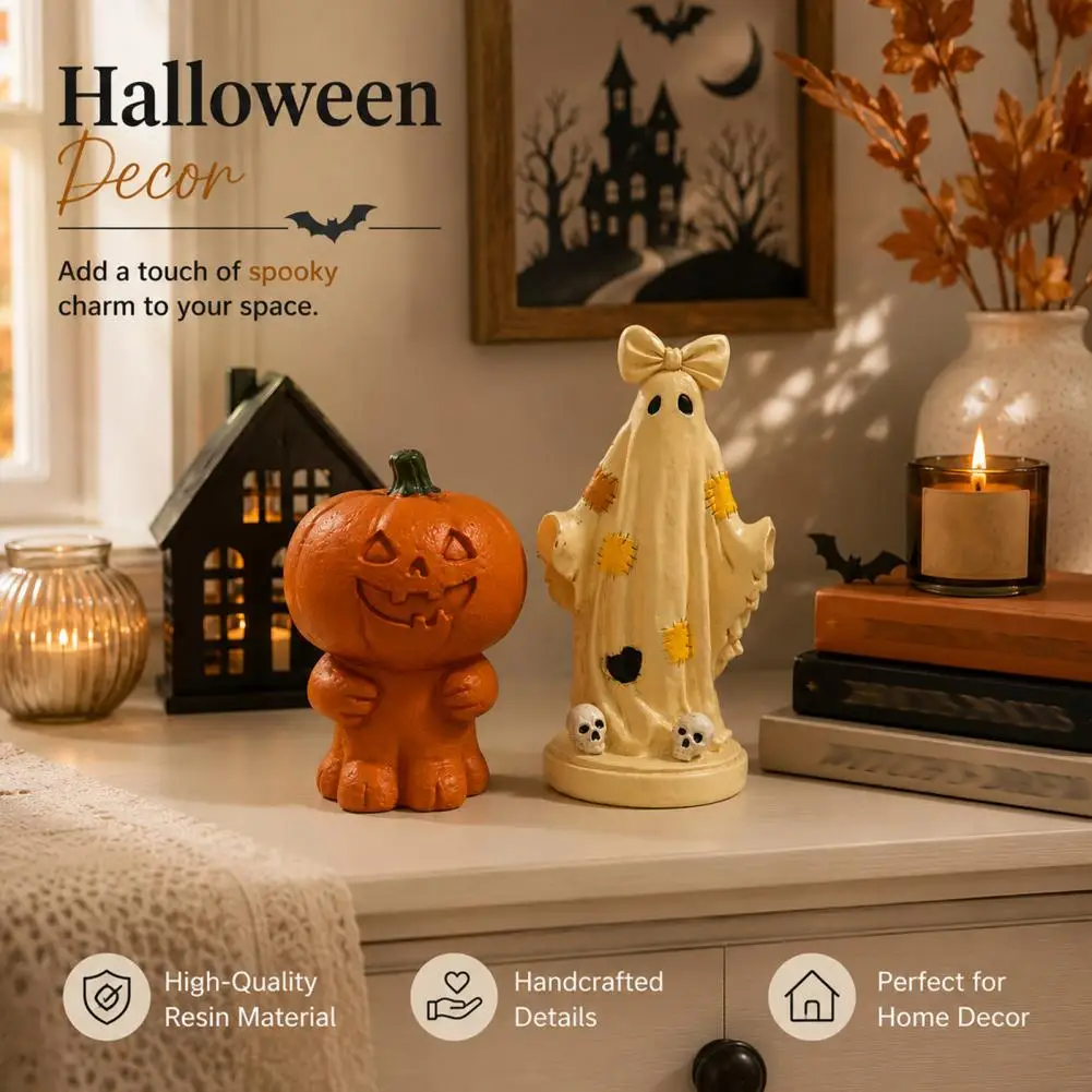 Halloween Table Decor Pumpkin Man Ghost Figurines Halloween Patchwork Ghost Figurine Pumpkin Man Resin Statue Ornament for Home