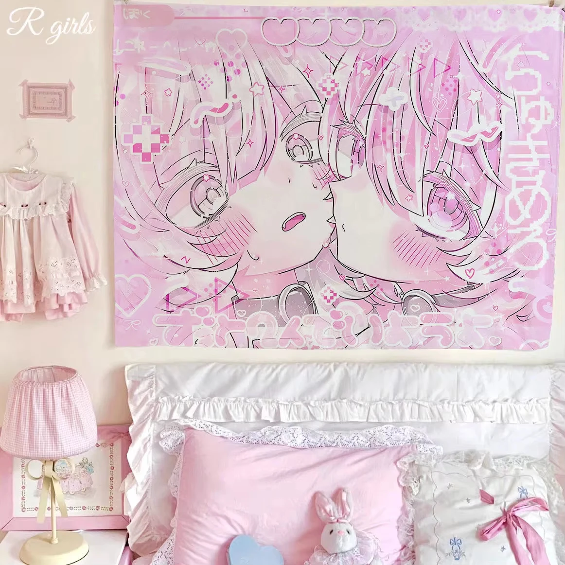 Pink Kawaii Anime Girl Tapestry Flat Print Aesthetic Wall Hanging for Bedroom Dorm Room Decor Cute Girly Gift for Teens