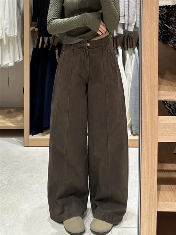 Retro Coffee Color Wide Leg Jeans Women's American High Waist Design Slimming Loose Casual Straight Long Pants