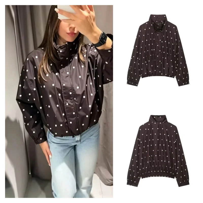 Women's Polka Dot Bomber Jacket Stand Collar Long Sleeve Elastic Hem Lightweight Windbreaker Casual Loose  Zip Up Outerwear