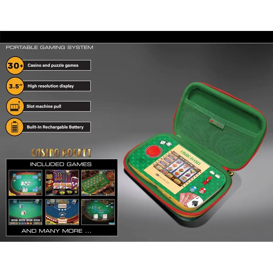 Arcade Casino Pocket Retro Casino Arcade Game, 30 Games, Rechargeable Battery, Includes Travel Case and Screen Protector, Roulet