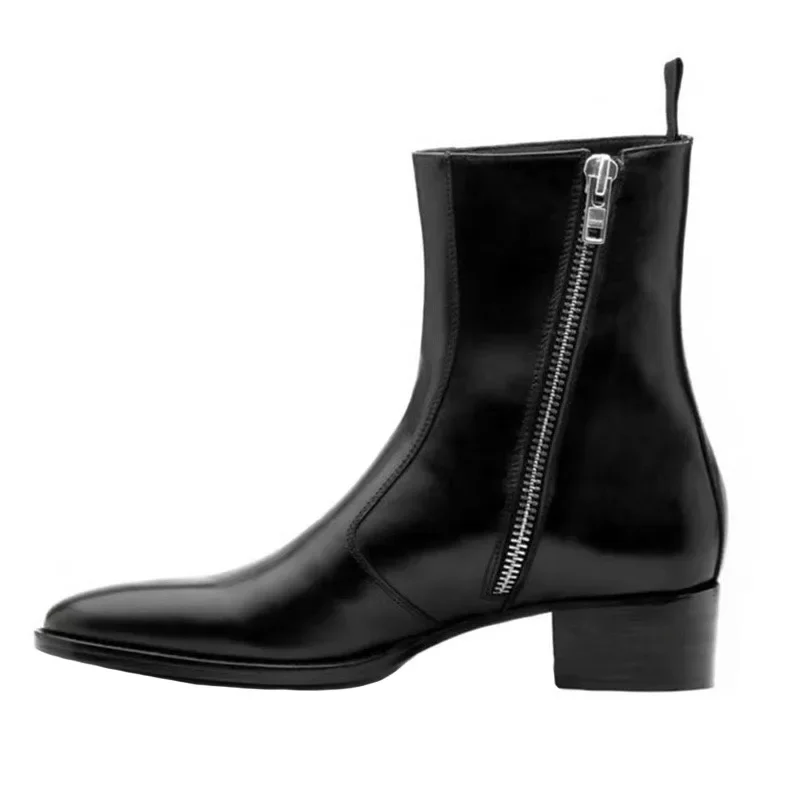 

ZIP Up Men Real Picture 100% Real Leather Cowhide Pionted Toe Gentle style Slim Fit Zipper Boots
