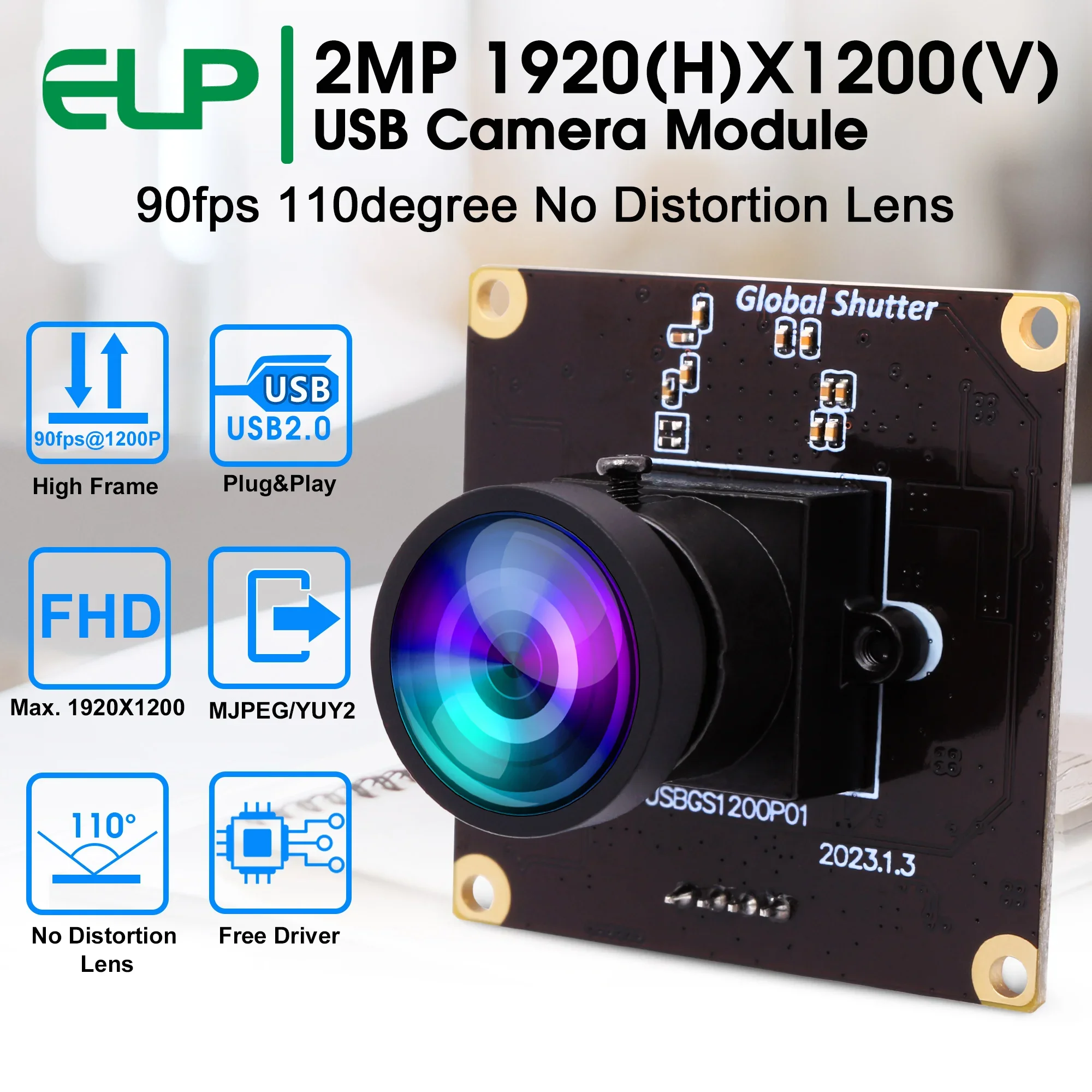 ELP 1200P Global Shutter Wide Angle USB Camera Module 1080P 90fps High Speed Webcam with No Distortion Lens for PC,Pi,Latop