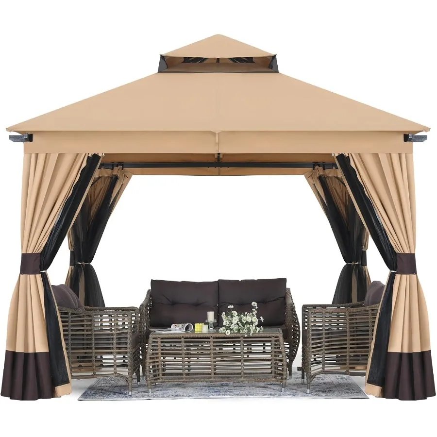 

10x10FT Outdoor Patio Gazebo with Double Roofs Mosquito Netting and Privacy Screens for Backyard Garden Lawn Beige Ideal Shelte
