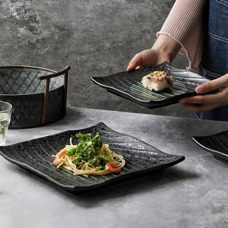 

Japanese-Style Ceramic Shallow Plate, Black Italian Sushi Dish, High-Grade Dinner Plate, Household Dish