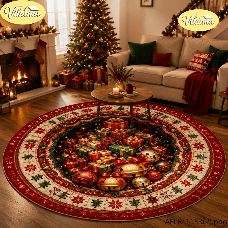 VIKAMA3D Christmas Tree Skirt Round Rug, Non-Slip Living Room Mat, Christmas Decorative Holiday Party Rug, Home Decor