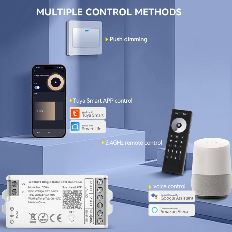 

New WiFi Tuya Smart+2.4G Wireless+Push Dimming Single Color LED Dimmer 12V-48V Hue Bridge Alexa Voice Control Single Strip Dim