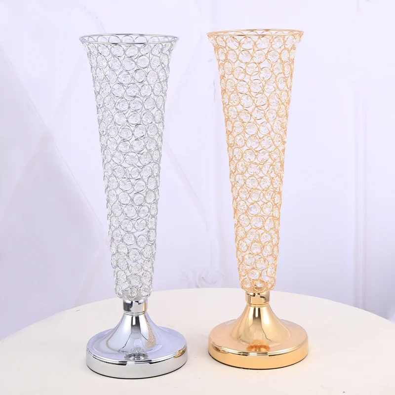 

hot sale tall gold silver galvanized metal vase with crystal for wedding decoration 144