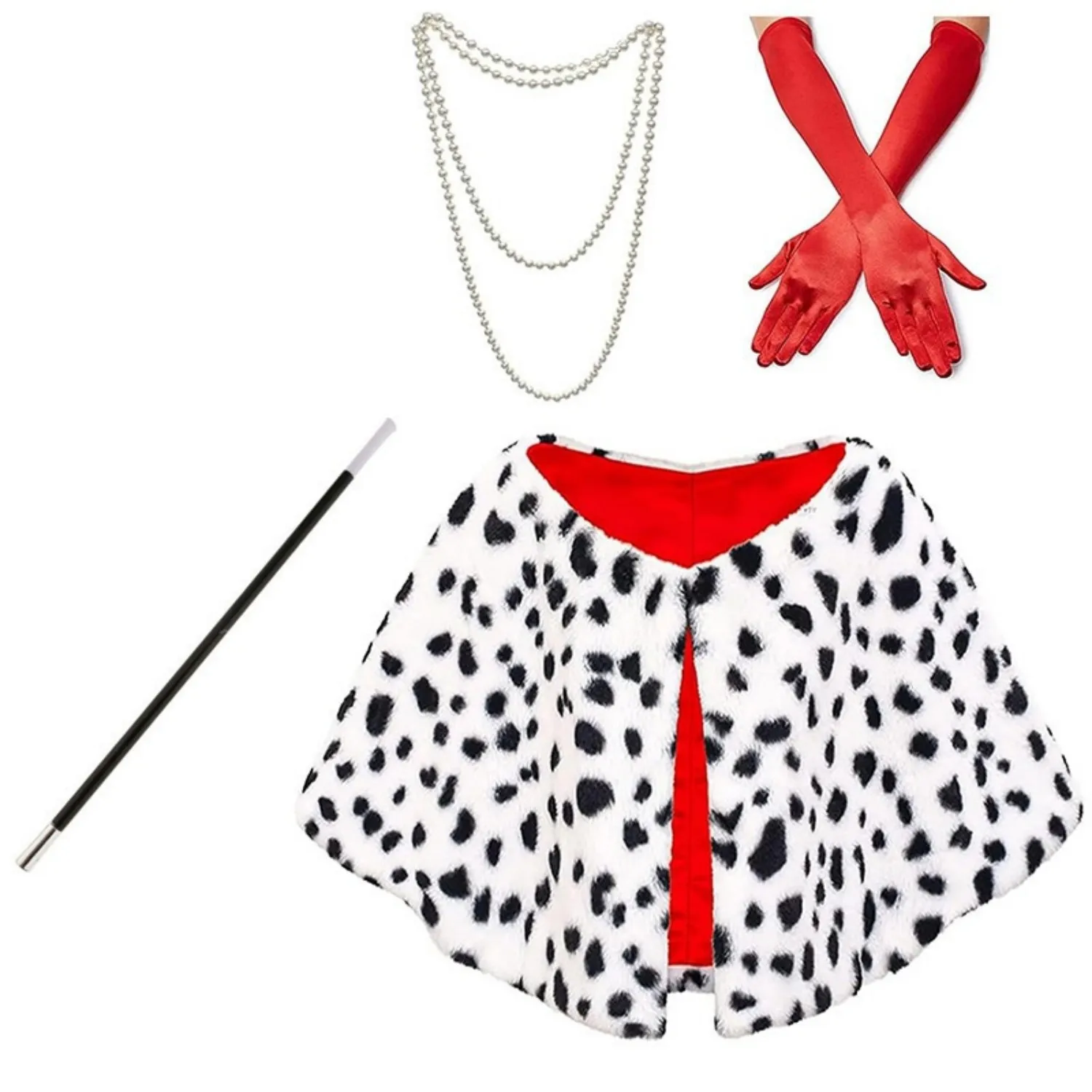 Black White Villain Costume for Women Dalmatian Cape Red Gloves Pearl Necklace Halloween Costume Set for Party Dress Up