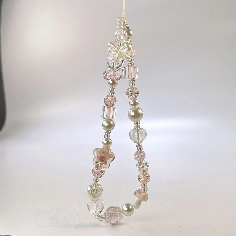 لطيف الزجاج Bowknot زهرة حبة شريط لتعليق الهاتف المحمول سلسلة سحرية عقدة الهاتف المحمول سلسلة مفاتيح قصيرة حقيبة فتاة قلادة الكاميرا ل Airpods