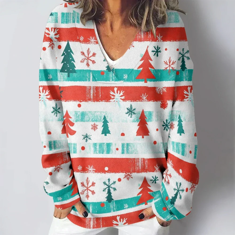 

Ugly Christmas Tree Snowflakes Printed V-neck Casual Women Sweatshirts Winter Classic Pattern Funny Holiday Elegent Pullovers