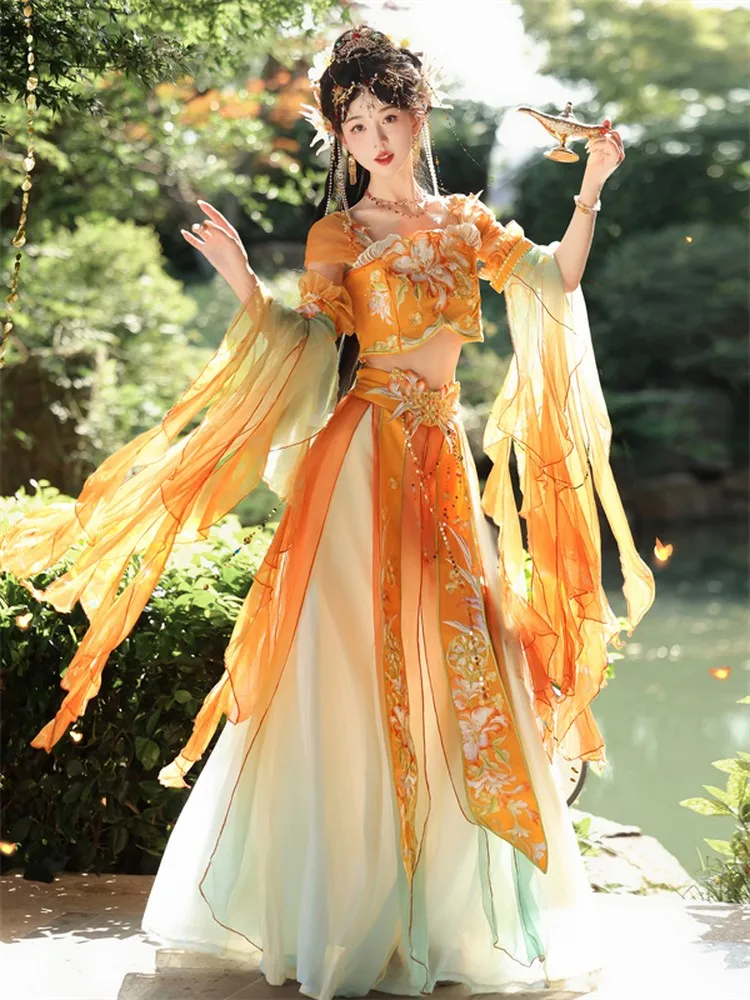 Exotic fairy-like performance Heavy embroidery large skirt hem torn lantern pants