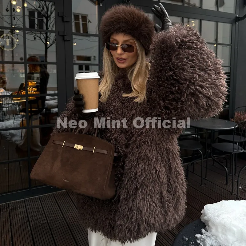 Neo Mint Winter 2026 Hot Chocolate Fluffy Chunky Sheep Fur Coat Women Oversized Overcoat Outerwear Ins Street Fashion Fur Jacket