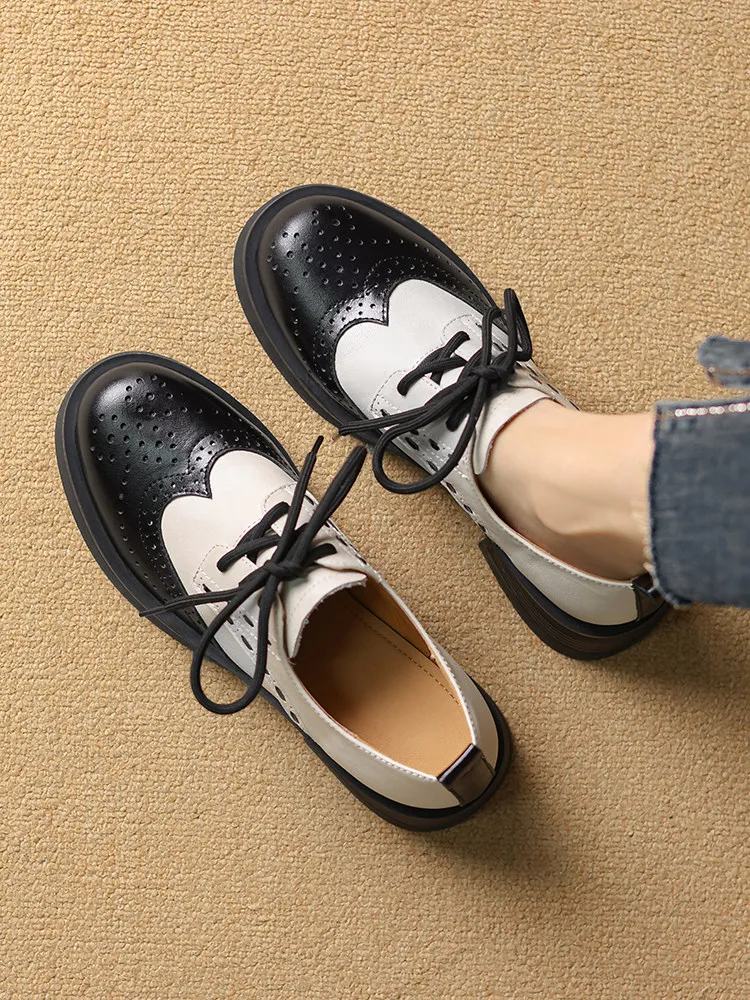 Vintage Contrast Color Genuine Leather Brogue Shoes Wingtip Perforated Design Lace Up Low Block Heel Ladies Oxfords