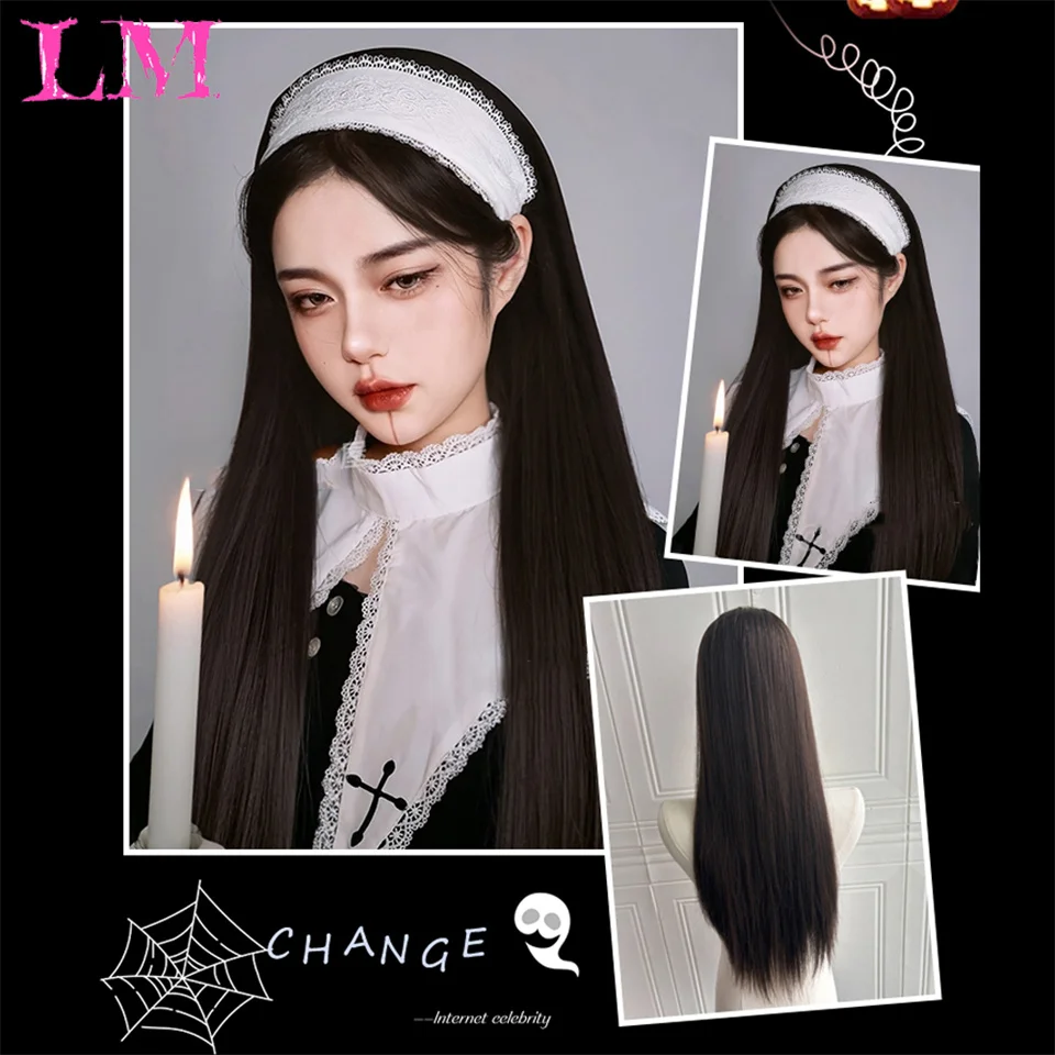 LM الاصطناعية اللون الأزرق بيروكات صناعية الجزء الأوسط طويل شعر مستعار طبيعي متموج للنساء تأثيري سحب الملكة حفلة مقاومة للحرارة