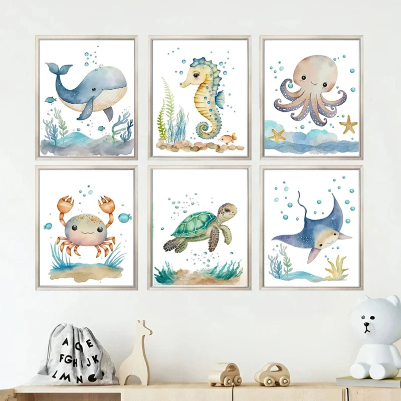 Unframe Cute Whale Sea Horse Octopus Crab Turtle Posters And Prints Nordic Nursery Wall Art Canvas Painting Picture Baby Kids Ro
