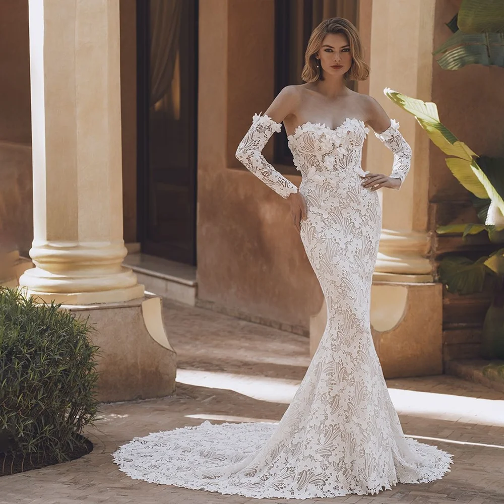 

Sexy Sleeves Full Lace Mermaid Wedding Dress Back See Through Long Train Custom Made Bridal Dress Vestido De Novial 2026