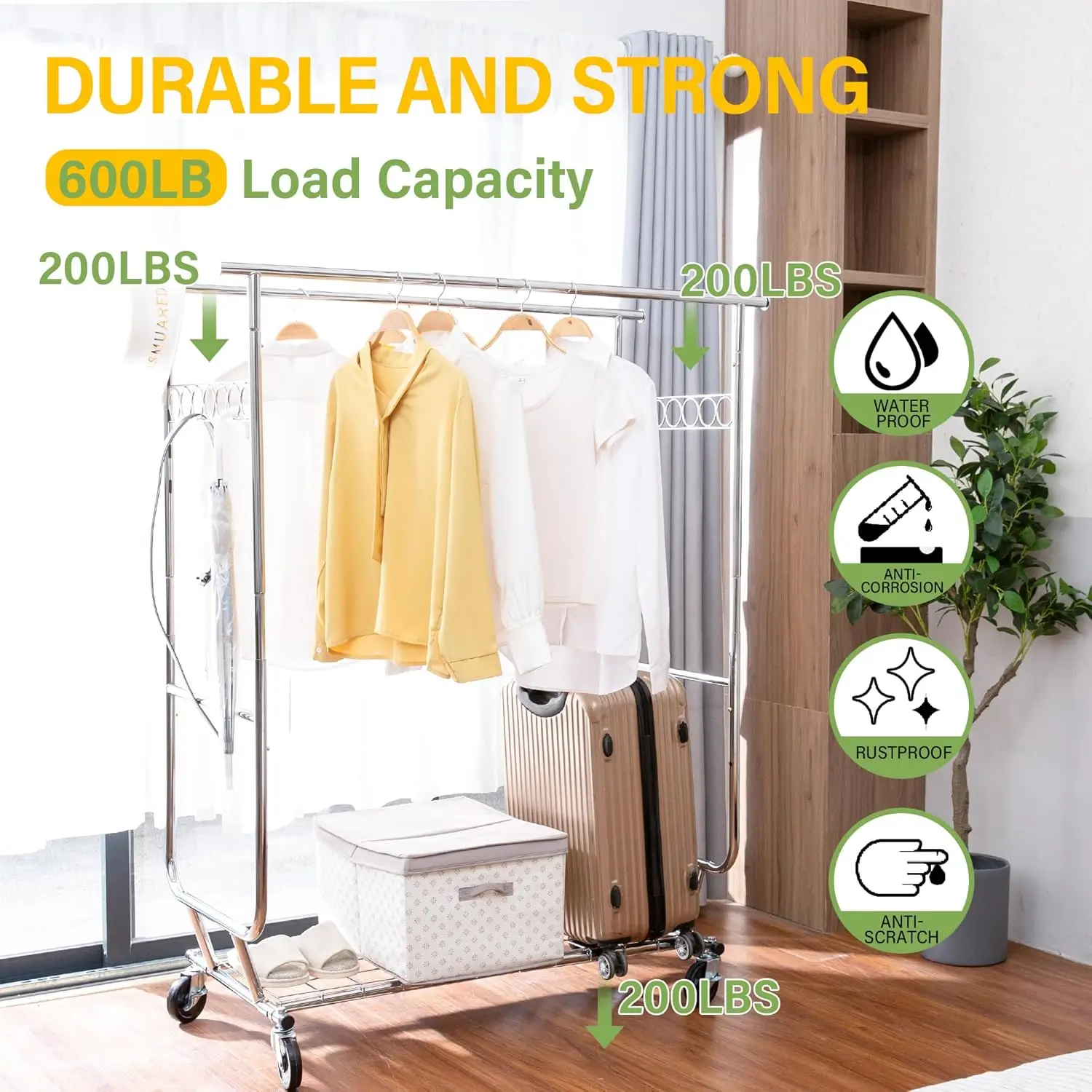 Clothing Garment Rack, Capacity 600 lbs Double Rod, Heavy Duty Coat Rack, Chrome - Upgrade