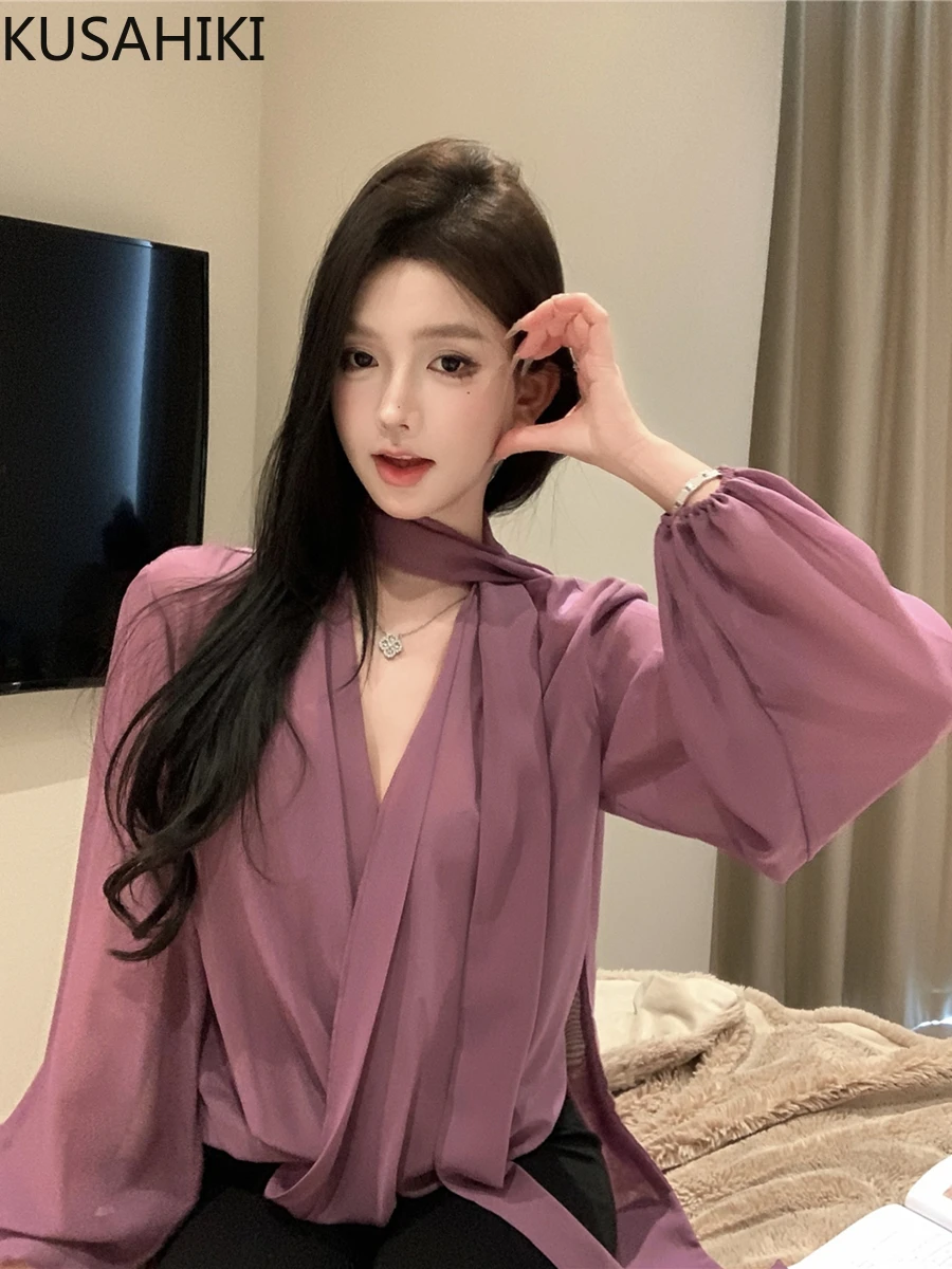 KUSAHIKI Ribbon V-neck Long Sleeved Chiffon Shirt for Women's Korean Style Top with Suspender Straps Inside Two-piece Set