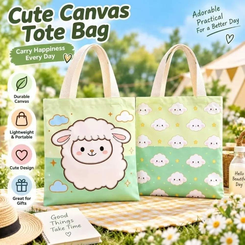 New Cartoon Sheep Cartoon Tote Bag Double Sided Print Reusable Canvas Shoulder Bag Polyester Cotton Shopping Bag Daily Use