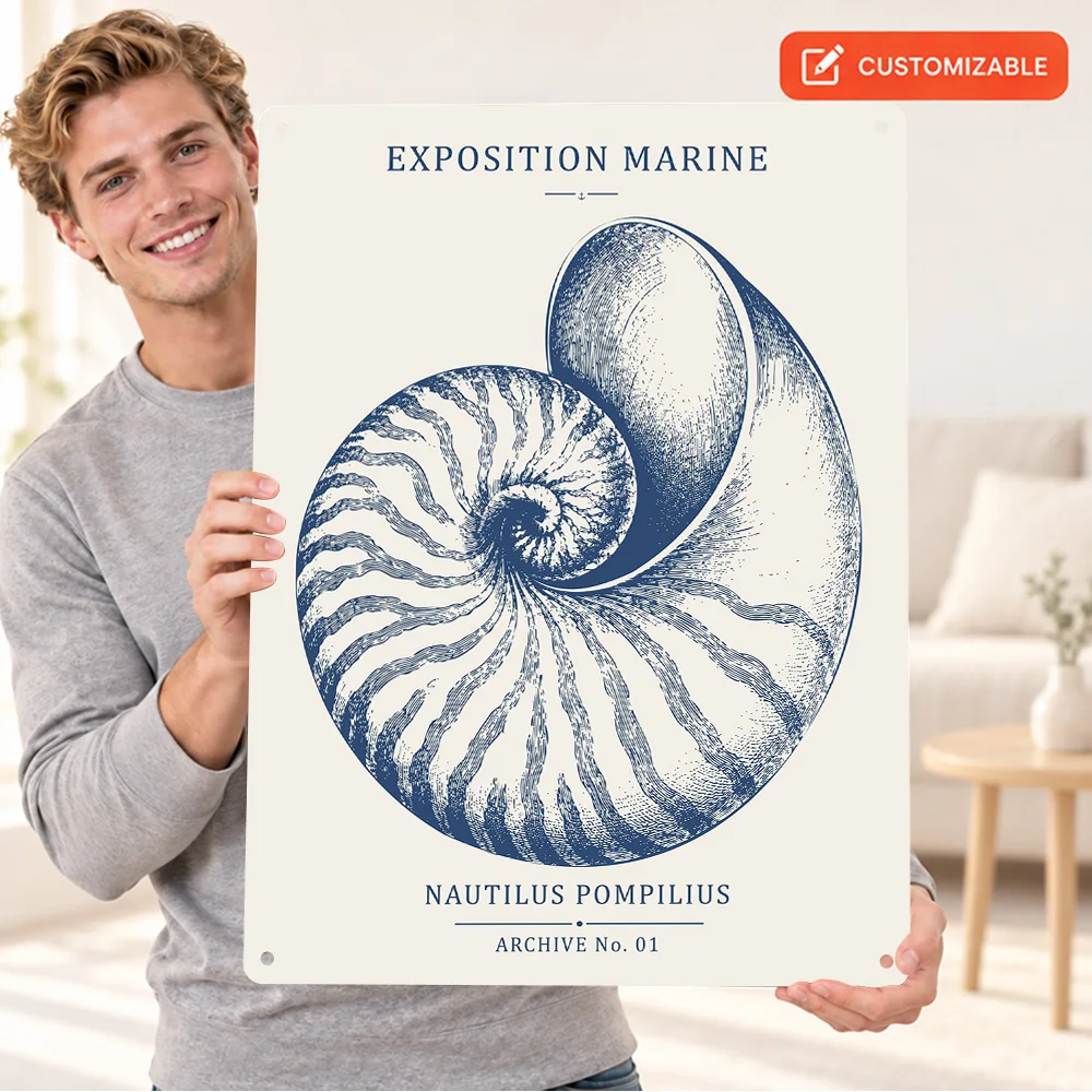 Vintage Nautilus Shell Marine Natural History Aluminum Poster Bold Design Bedroom Wall Art Personalized Metal Sign Unique Gift