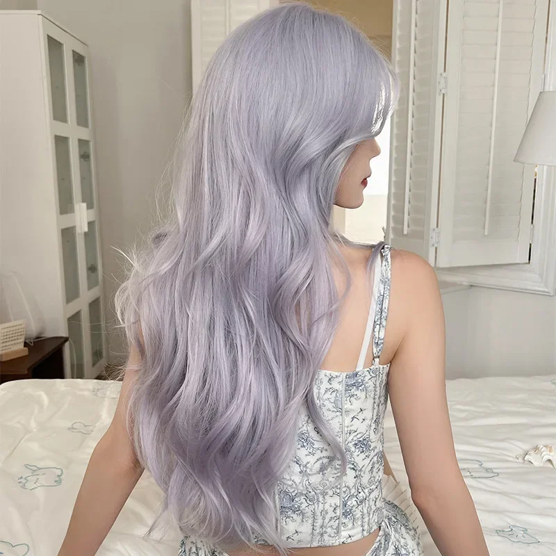 Perucas longas de onda de água com arranca para mulheres, cosplay cinza roxo, peruca sedosa, cabelo sintético natural macio, resistente ao calor, festa diária