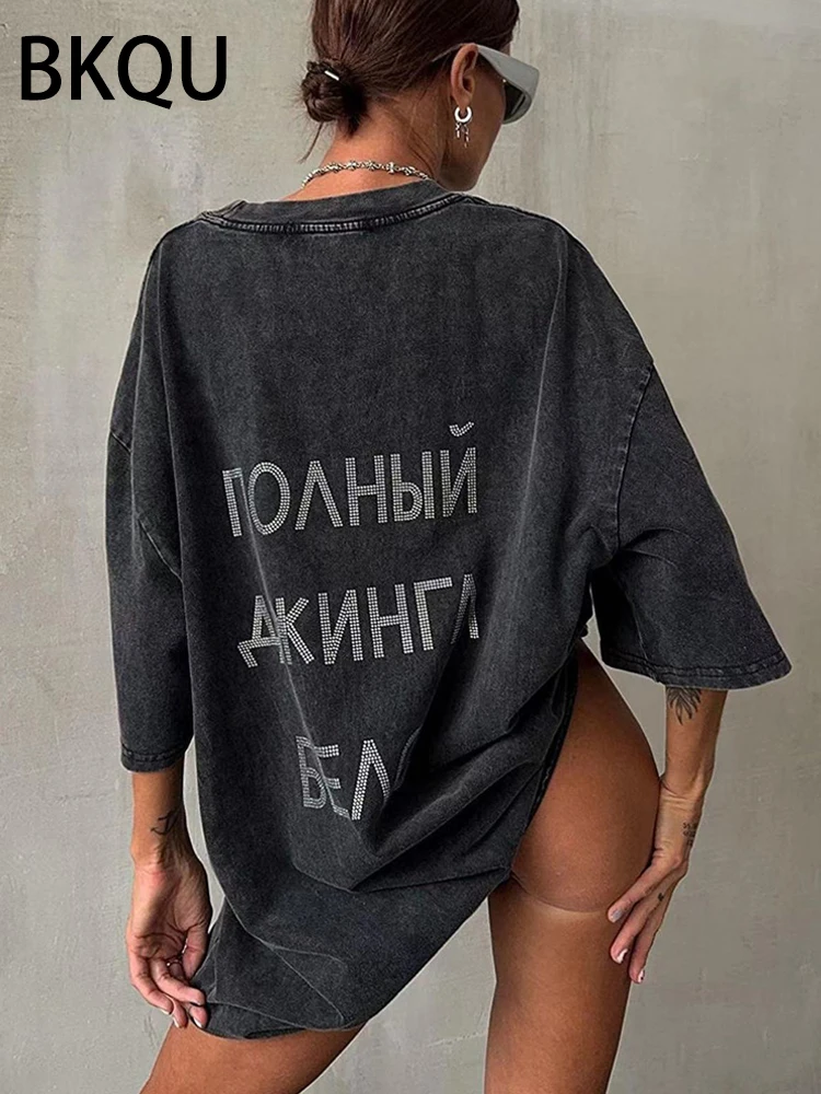 BKQU Rhinestone Letter Shirts Women Short Sleeve Oversized Tshirt 2024 Summer O-neck High Street Hip Hop Tees New Distressed Top