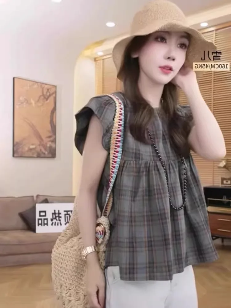 

Slimming Faionable Retro Plaid ort Sve irt Fce Sve Women's irt Korean Sle Loose Fit Summer New Arrival