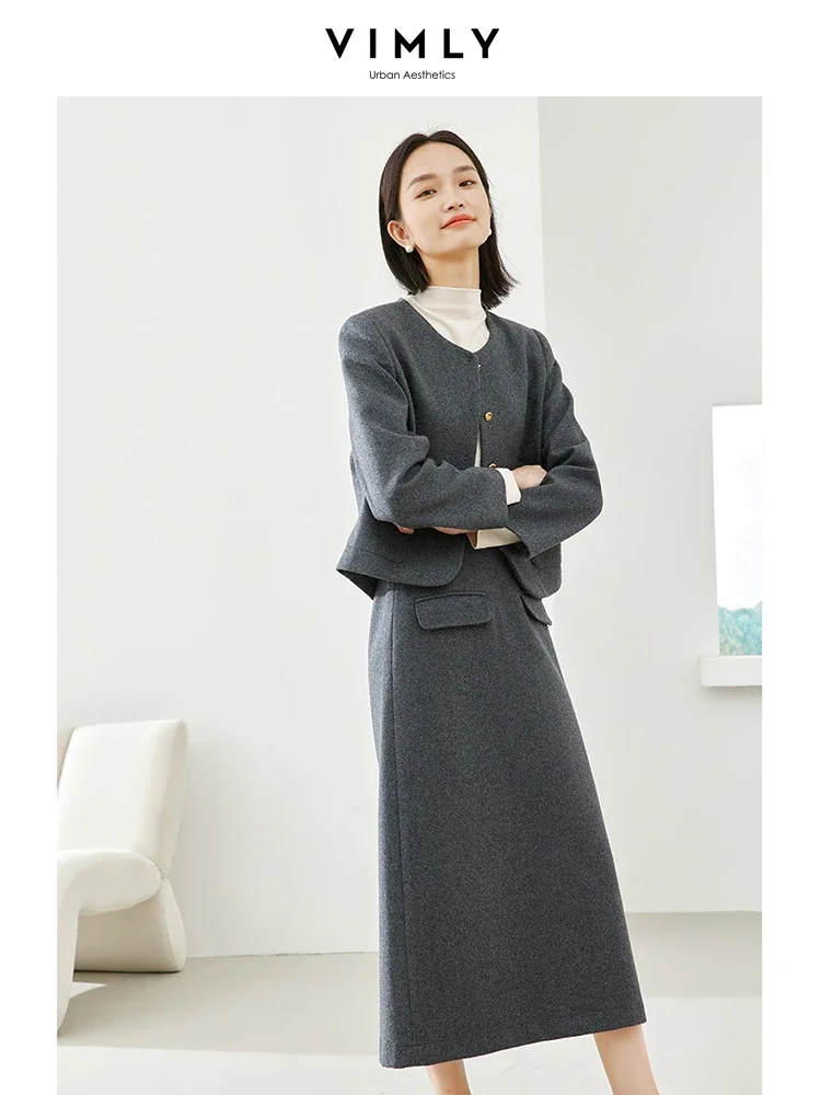 Vimly Elegant Wool Blend Skirt Set O-neck Quilted Jackets Elastic Waist Split Midi Skirts 2023 Winter Sets Womens 2 Piece 16260