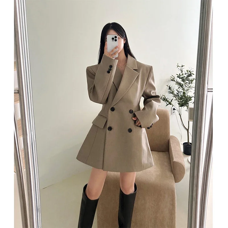 Elegant Black Blazer Women Fashion Double Breasted Suit Jackets Female Korean Long Sleeve Coats Office Slim Commuter Outerwear