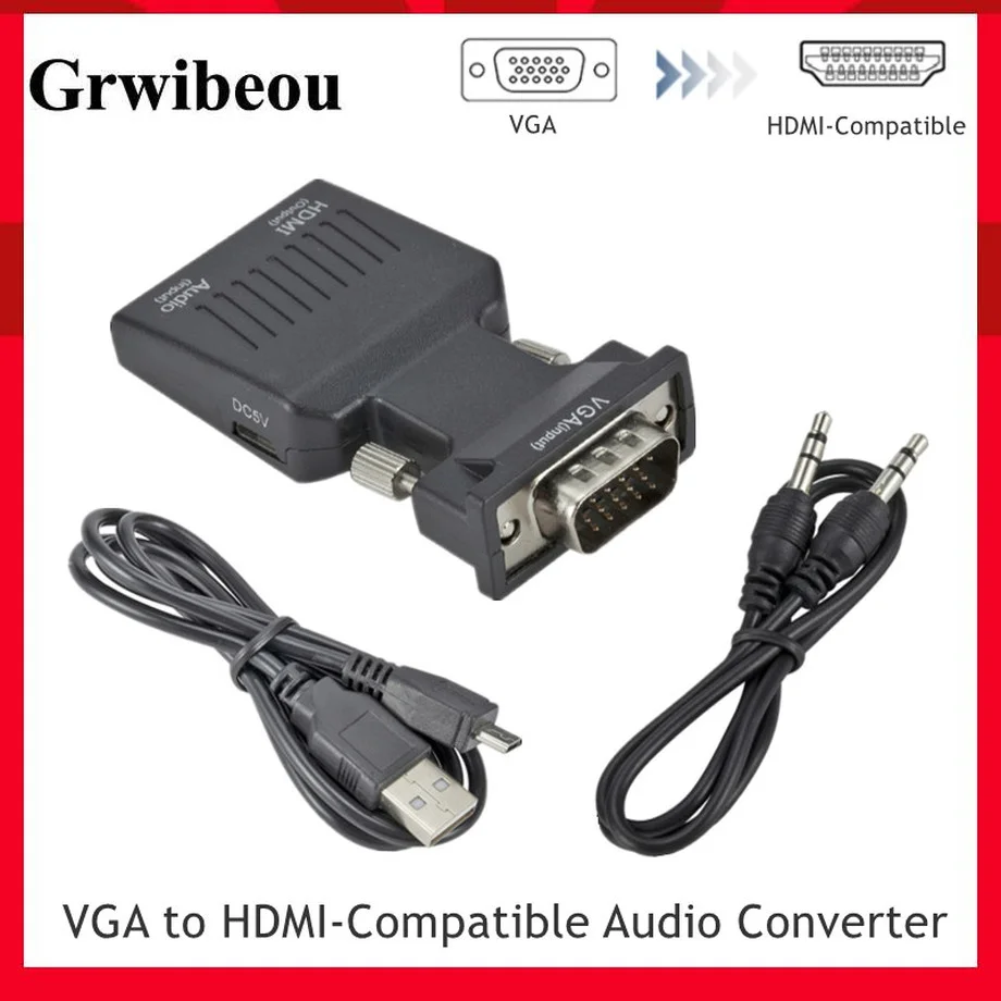 Grwibeou 1080P VGA to HDMI-Compatble Converter HDMI-Compatible to VGA Adapter With Audio Power For HDTV Monitor Projector PC PS3