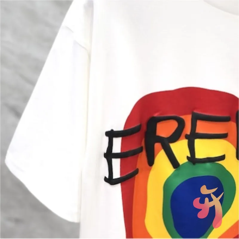 High Quality Cotton CPFM T-shirt Rainbow Foam Yellow Face Printed Short Sleeve Tops Fashion Street Kanye Men Women White Tshirts