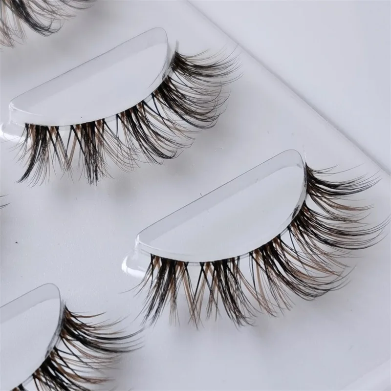 Natural Simulation black+ Brown False Eyelashes Nude Makeup Thick Lashes 3Pairs Transparent Stems Handmade Cross Eyelashes