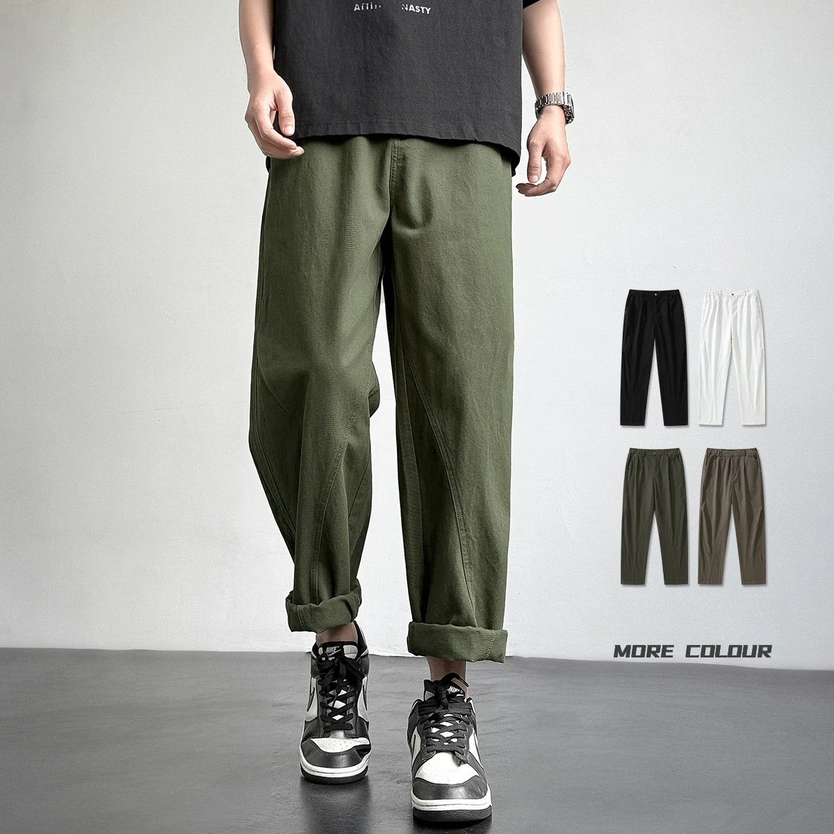 

American Fashion Wide Leg Cargo Pants Men Green Khaki Joggers Baggy Workwear Drawstring Cargo Trousers Men Y2K All-match Pants